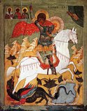 The story of Saint George and the Dragon appended to the hagiography of Saint George was Eastern in origin,  brought back with the Crusaders and retold with the courtly appurtenances belonging to the genre of Romance. The earliest known depictions of the motif are from tenth- or eleventh-century Cappadocia and eleventh-century Georgia; previously, in the iconography of Eastern Orthodoxy, George had been depicted as a soldier since at least the seventh century. The earliest known surviving narrative of the dragon episode is an eleventh-century Georgian text.<br/><br/>

The dragon motif was first combined with the already standardised Passio Georgii in Vincent of Beauvais' encyclopedic Speculum Historiale, and then Jacobus de Voragine's Golden Legend (ca 1260) guaranteed its popularity in the later Middle Ages as a literary and pictorial subject. The legend gradually became part of the Christian traditions relating to Saint George and was used in many festivals thereafter.